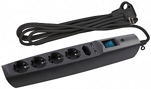 Сетевой фильтр 2 метра 5 гнезд/розеток 2xUSB с заземлением 3x0,75мм2, со шторками с выключателем чер