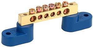 Шина "N" (ноль) 6 отверстий 6х9 мм с двумя угловыми изоляторами (синий) ШНИ-6х9 мм-6-У2-С YNN10-69-6