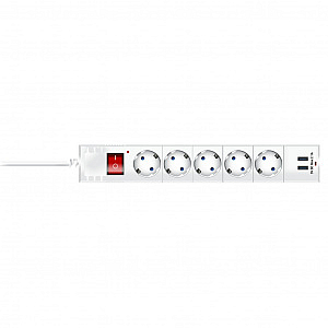 Фильтр сетевой 5 гнезд с/з ПВС 3*0,75 1,5м 10А/2,2кВт с детскими шторками 2USB белый 32590 1 Duwi