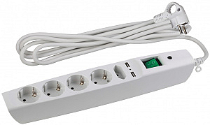 Сетевой фильтр 2 метра 5 гнезд/розеток 2xUSB, с заземлением 3x0,75мм2 со шторками с выключателем бел